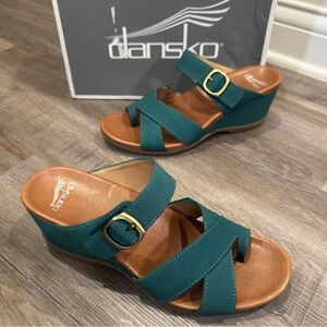 Dansko Aubree Nubuck Teal Wedge Sandal Mules